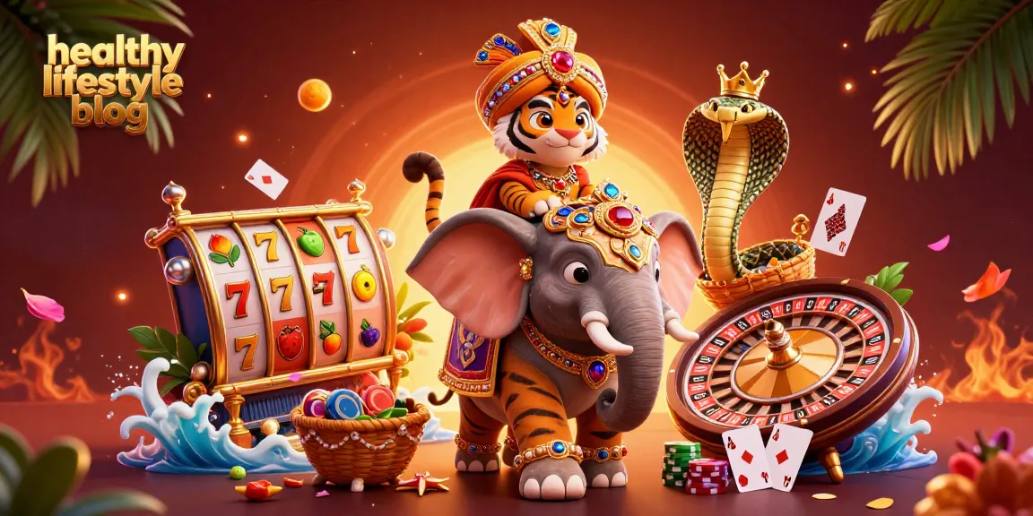 Experience thrilling action in the healthy lifestyle blog casino scene with 3D maharaja and vibrant game elements.