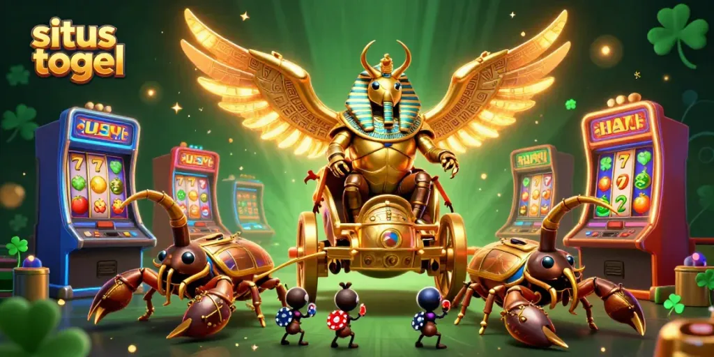 Experience thrilling situs togel gameplay with an impressive golden scarab beetle and vibrant slot machines.