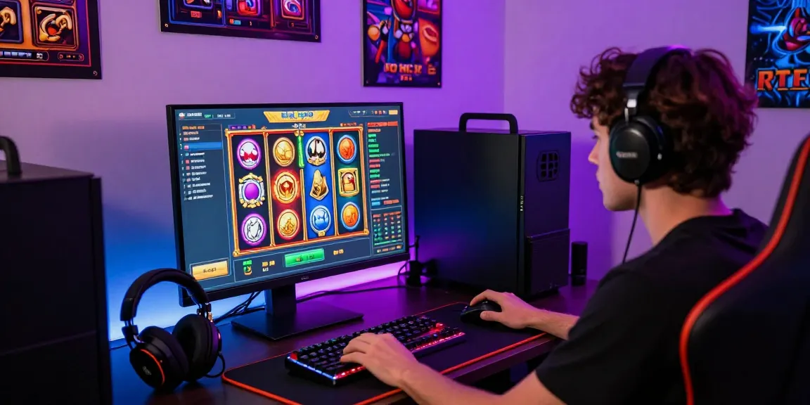 Engaging online gaming setup showcasing slot deposit 1000 gameplay with vibrant reels and gaming accessories in a cozy nook.