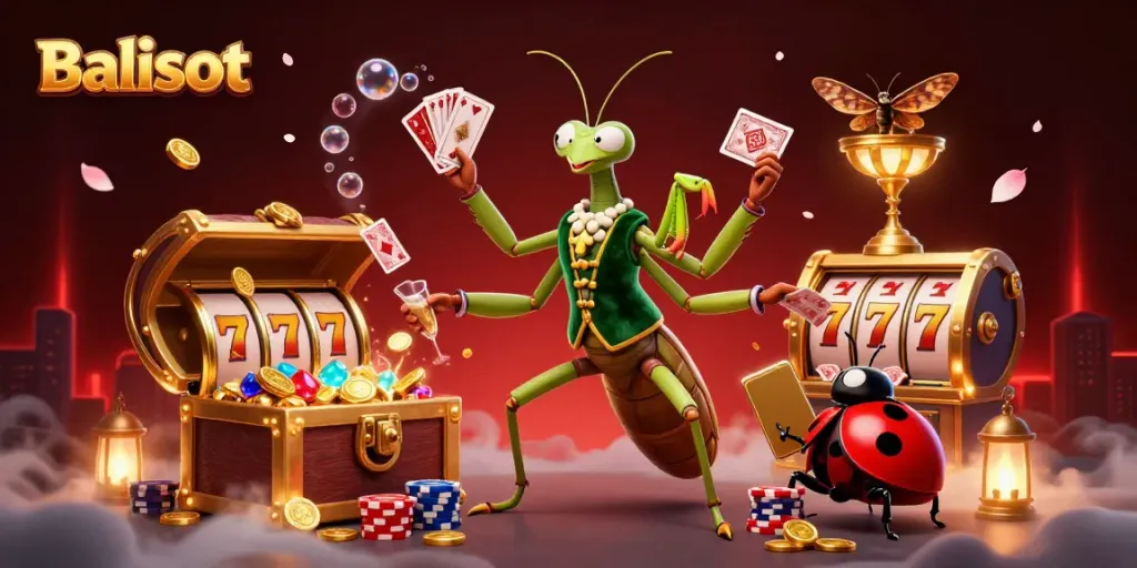 Balislot's vibrant casino scene captures a giant mantis and ladybug engaging players with excitement.