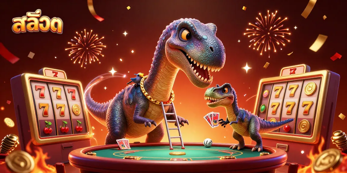 Experience the thrill of สล็อต as the brontosaurus towers over a lively casino scene.