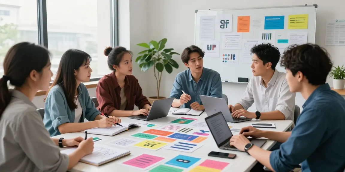 Creative team at a branding design agency collaborating on unique identity solutions, 香港 品牌 設計 公司 showcasing modern workspace.