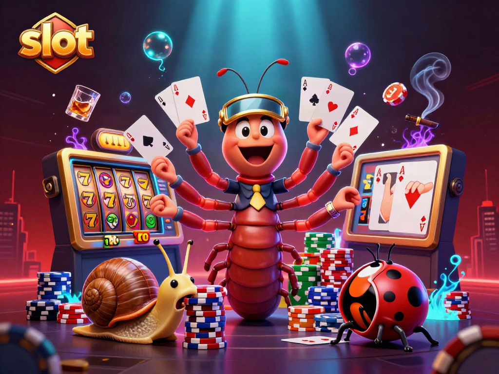 Spin the slot reels with a lively millipede dealer and high-roller snail in an exciting casino scene.