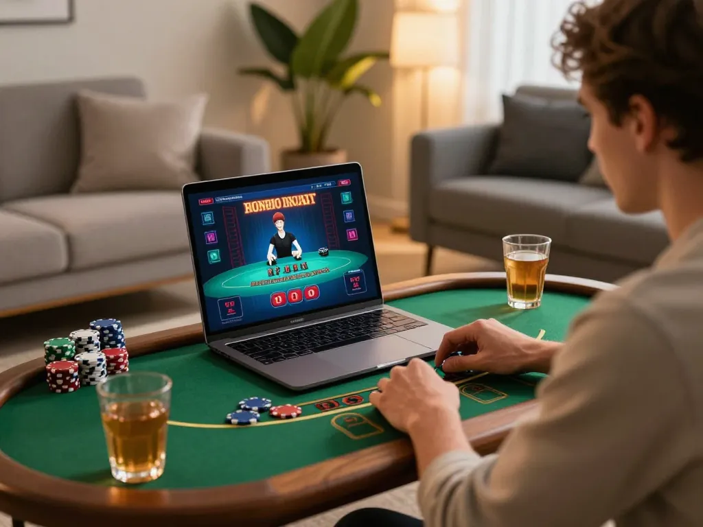 Engaged player enjoying online blackjack on 888top from a stylish home setup