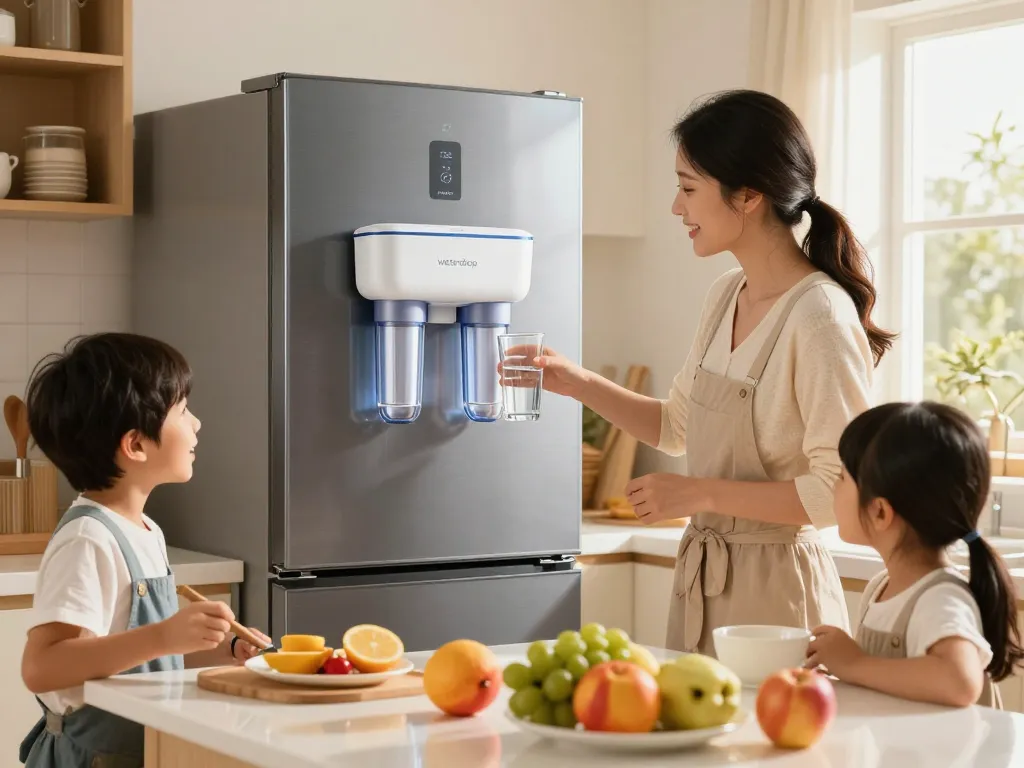 Waterdrop MSWF Refrigerator Water Filter in a family kitchen, showcasing healthy hydration and fresh water preparation.