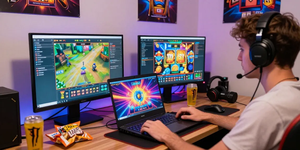 Player immersed in a slot depo 5k game on gaming laptop, colorful screens and snacks around.