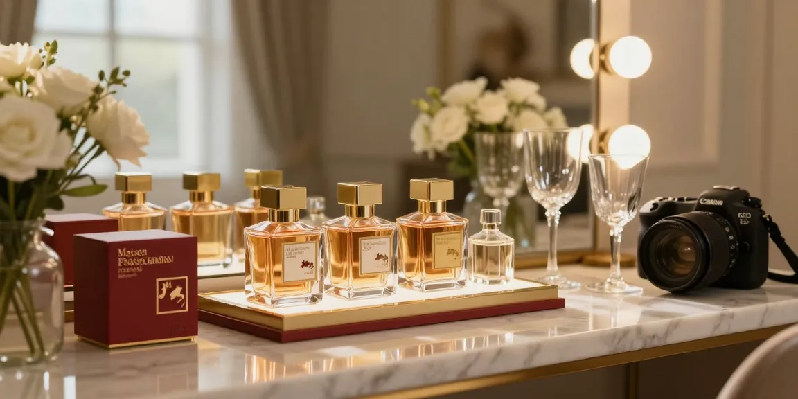 Maison Francis Kurkdjian (MFK) perfume bottles elegantly displayed among flowers in a luxurious setting.