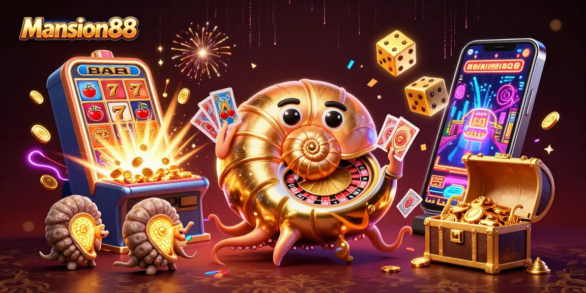 Mansion88 offers thrilling casino experiences with a vibrant casino-centric 3D illustration of a nautilus and themed elements.
