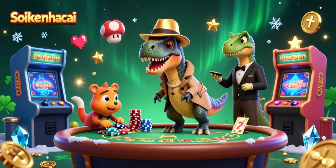 Bet on soikeonhacai as a colorful velociraptor tries to discreetly play blackjack, amid gaming machines.