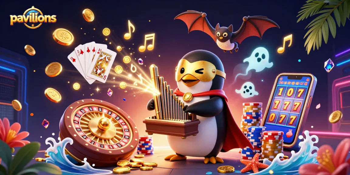 Pavilions showcases a vibrant casino scene with a penguin organist, golden coins, and dynamic gambling action.