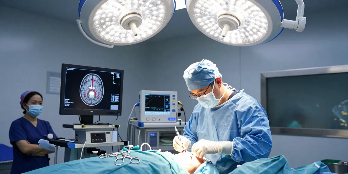 Beyin ameliyatı in progress, highlighting a neurosurgeon and modern surgical tools in a professional medical environment.