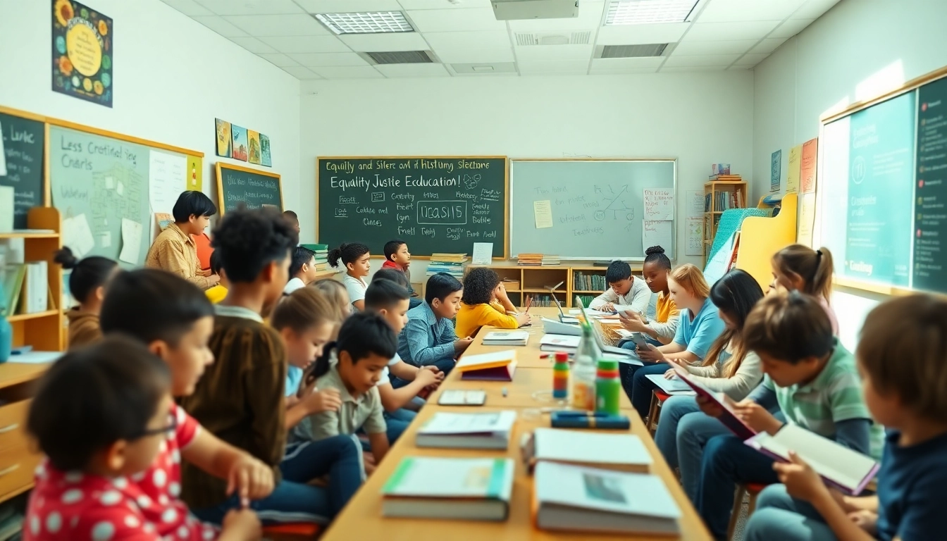 Engaging classroom scene illustrating the essence of education with diverse students collaborating in a vibrant learning environment.