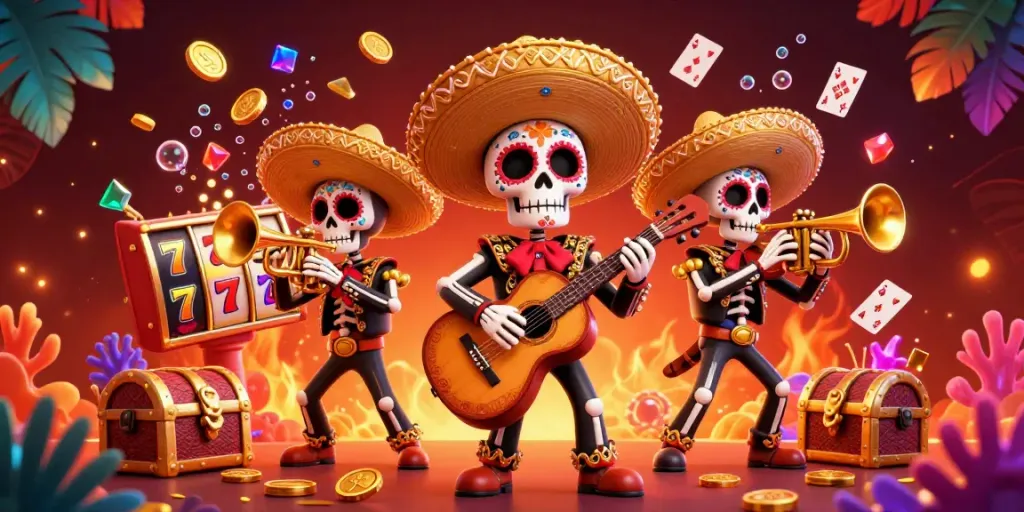Experience แบบสล็อต with dynamic mariachi skeletons and dazzling slot elements in a vibrant casino setting.