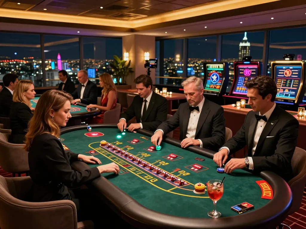 79KING gamers enjoying premium casino experience at a rooftop venue overlooking the city.