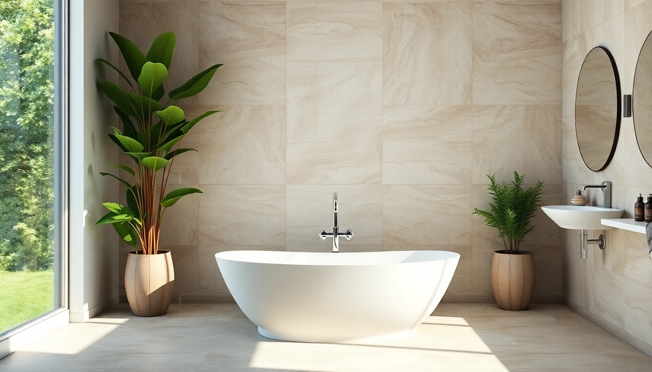 Beautiful small bathroom remodel showcasing a freestanding tub and natural stone details.