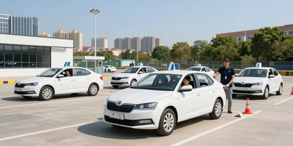 Învățătură la școala auto cu studenți la volanul mașinilor moderne Skoda.