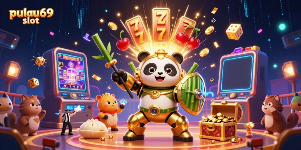 Experience the excitement of pulau69 slot with a vibrant 3D casino scene packed with action and colorful characters.