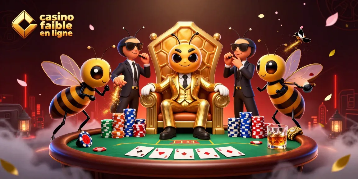 Explorer les casinos fiables en ligne avec cette illustration dynamique présentant un bumblebee en chef, entouré de gardes et de jeux de poker.