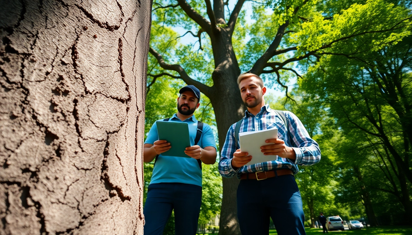 Tree Consultancy professionals evaluating health of urban trees in a sunny park setting.