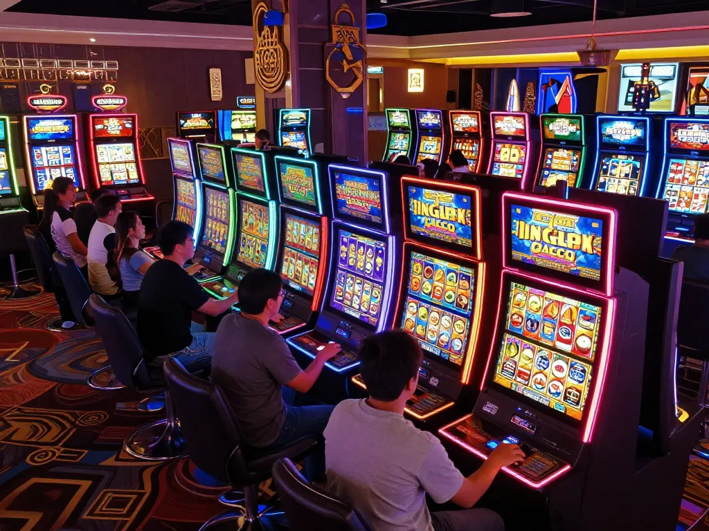 Players celebrating wins at colorful slot machines while engaging with Link Slot Gacor gaming options.