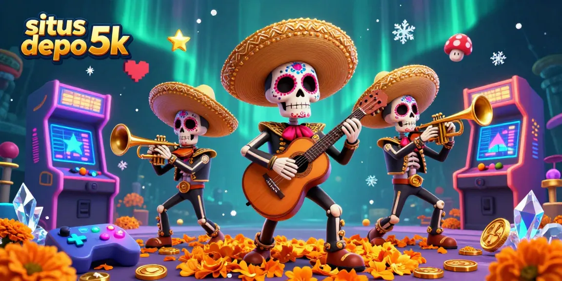 Engage with situs depo 5k featuring a vibrant 3D illustration of a mariachi band amidst colorful game elements.