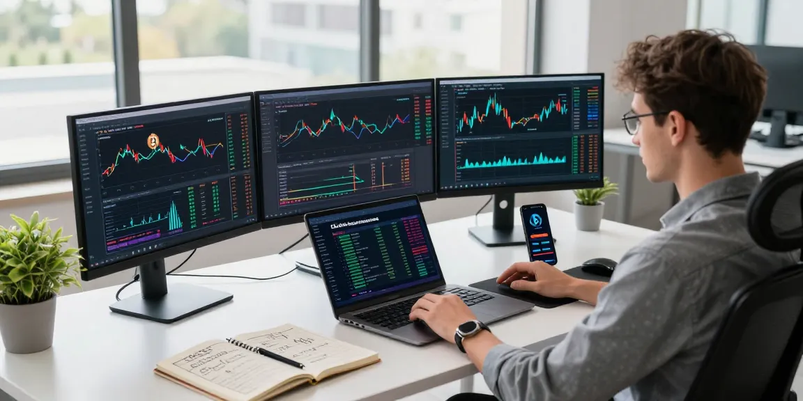 Crypto cloud mining trading workspace with advanced tech interfaces and blockchain analytics.