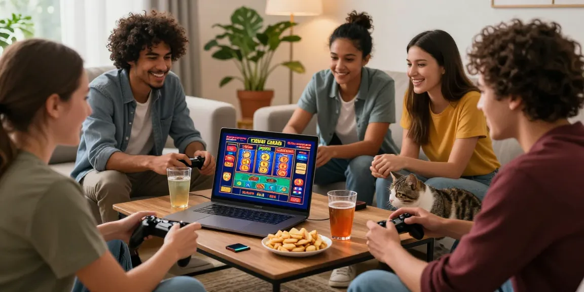 Friends enjoying an online gaming session at a credit card casino on https://brcs.co.uk, surrounded by snacks and a cozy atmosphere.