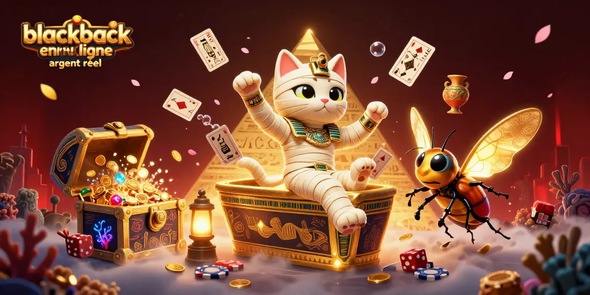 Jouez au blackjack en ligne argent réel avec une illustration dynamique d'un chat momifié et des cartes flottantes dans un casino.