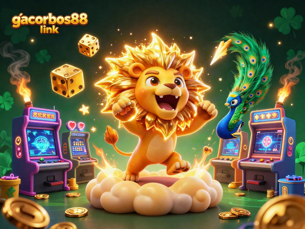 Experience the fun at gacorbos88 link with vibrant slots and a winning lion amidst glowing game elements.