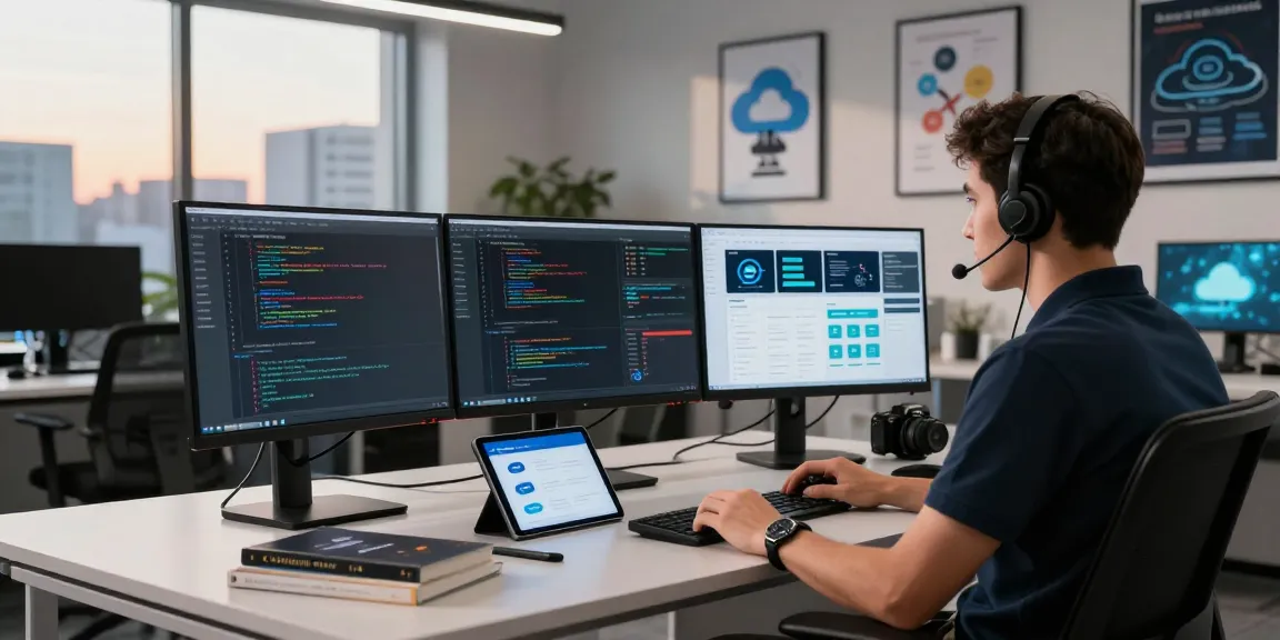 IT professional managing servers and analytics at https://migliorhosting.info/ in a modern office with multiple screens