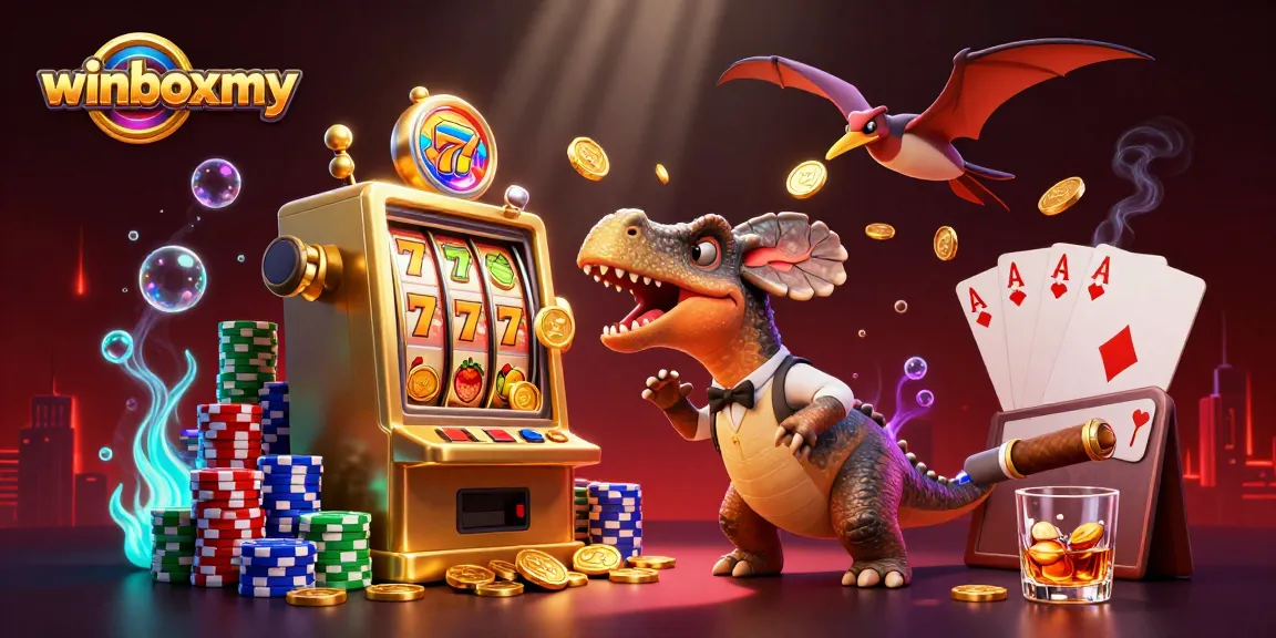 WinboxMY casino scene with a dinosaur and slot machine, showcasing vibrant gameplay and excitement.