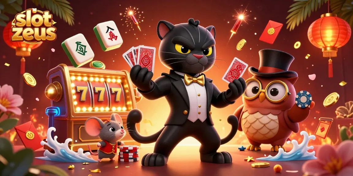 Experience exhilarating slot zeus gaming with card-dealing panther and charming owl in a vibrant casino scene.
