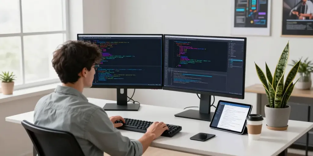 Software engineer coding with Notepad++ in a modern office setting.