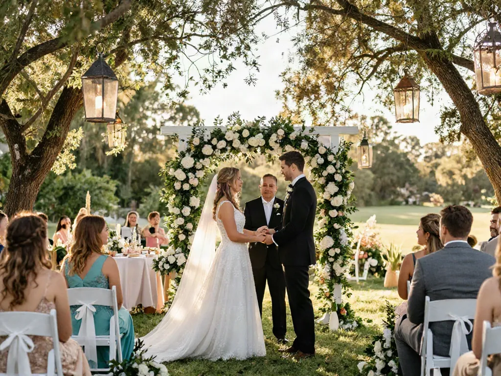 Outdoor wedding ceremony capturing the essence of Event rental ksa with decorated floral arch and joyful couple.