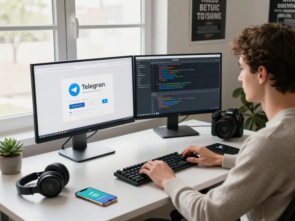 Tech workspace focused on Telegram 下载 with dual monitors, coding tools, and natural light.