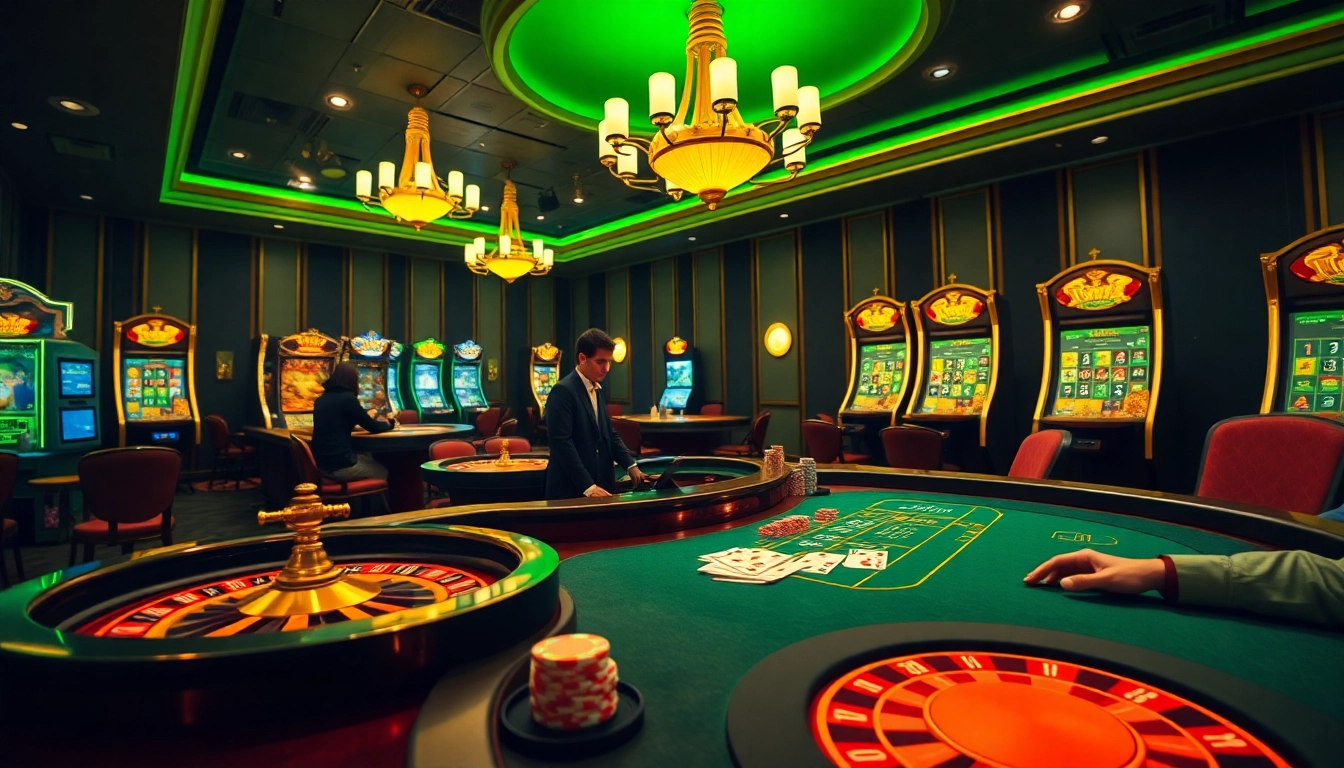 Une scène dynamique illustrant le casino en ligne Français 2026, avec un croupier en direct, des jetons de poker et des machines à sous vibrantes.