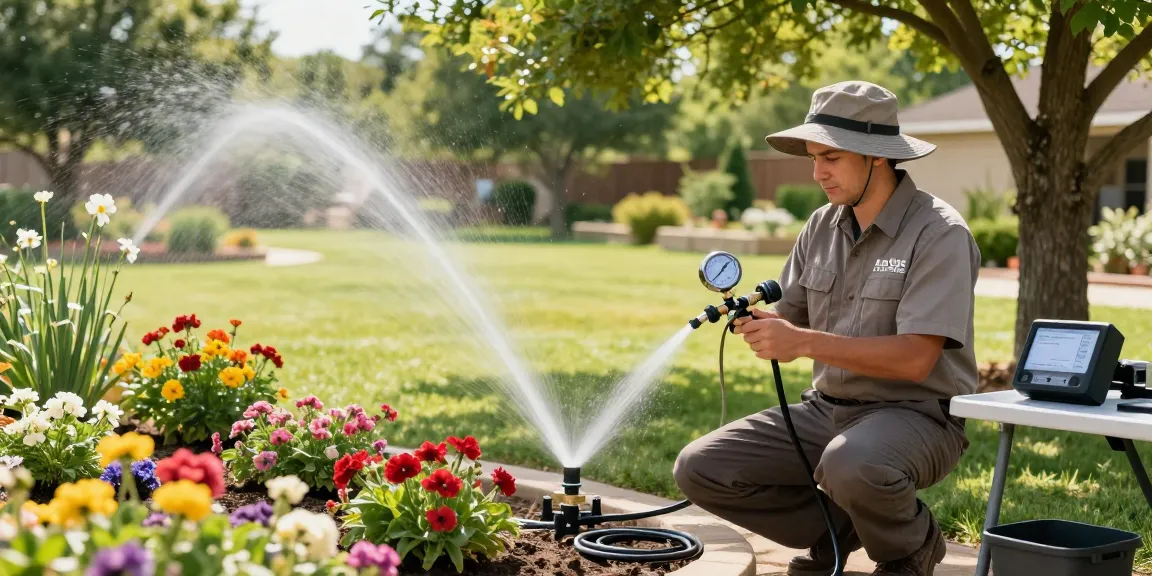 Professional irrigation services in Fort Worth, TX, featuring a technician checking a drip irrigation system in a lush garden.