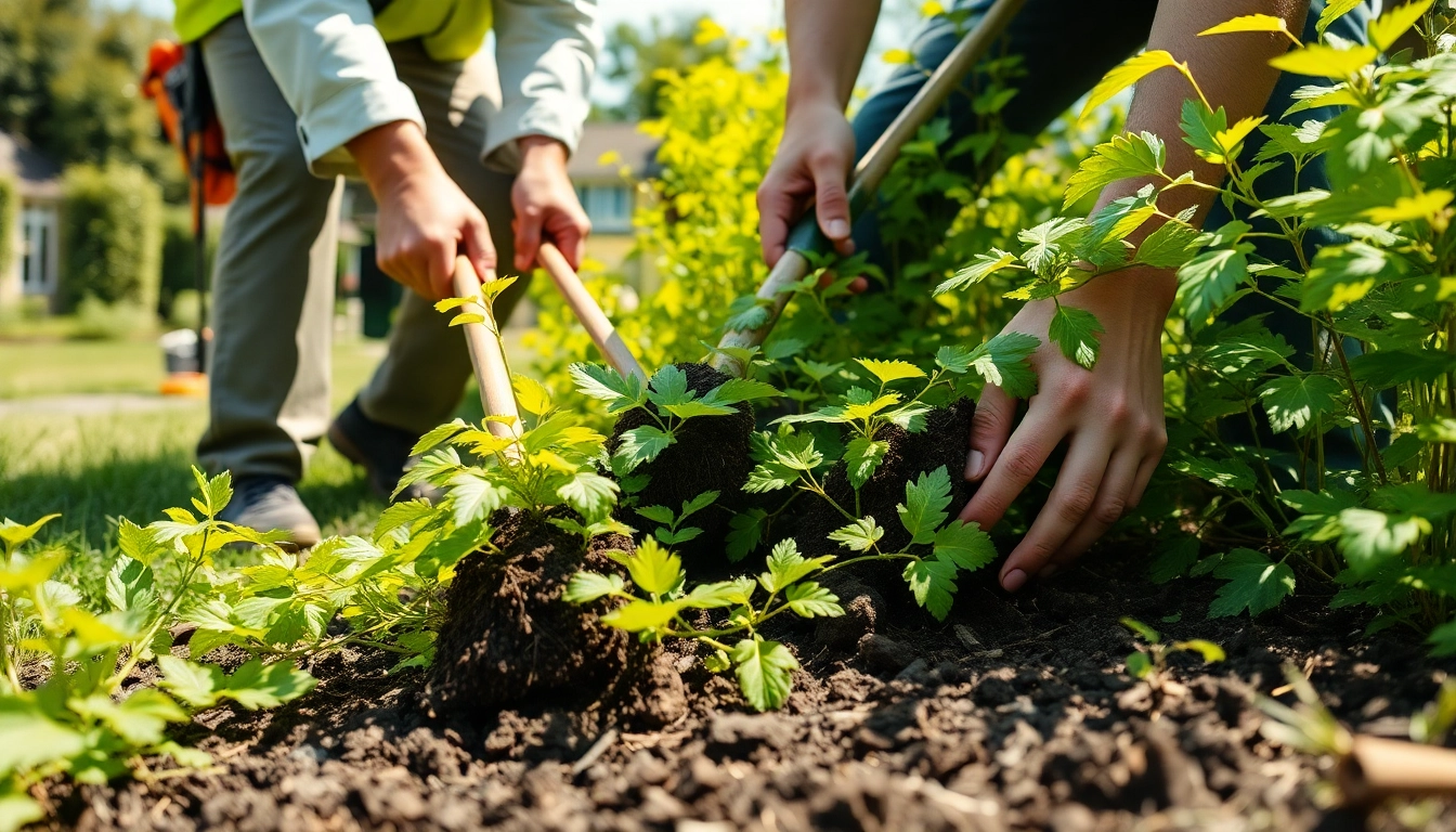 Efficient Japanese Knotweed Removal demonstrated by professionals in a garden setting.