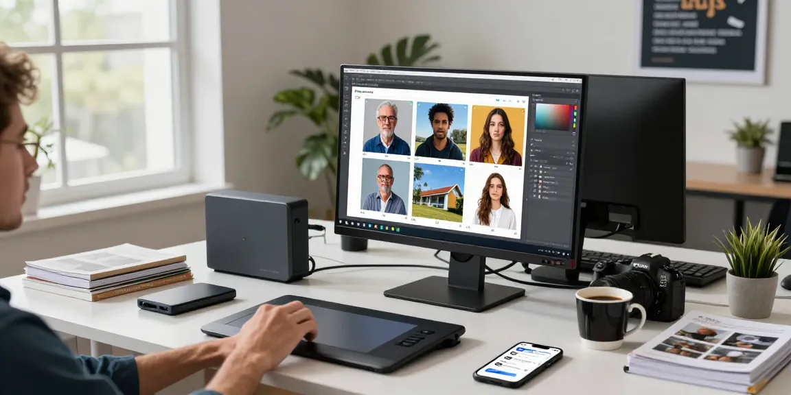 AI detector in action as a professional verifies image authenticity using advanced software tools in a modern workspace.