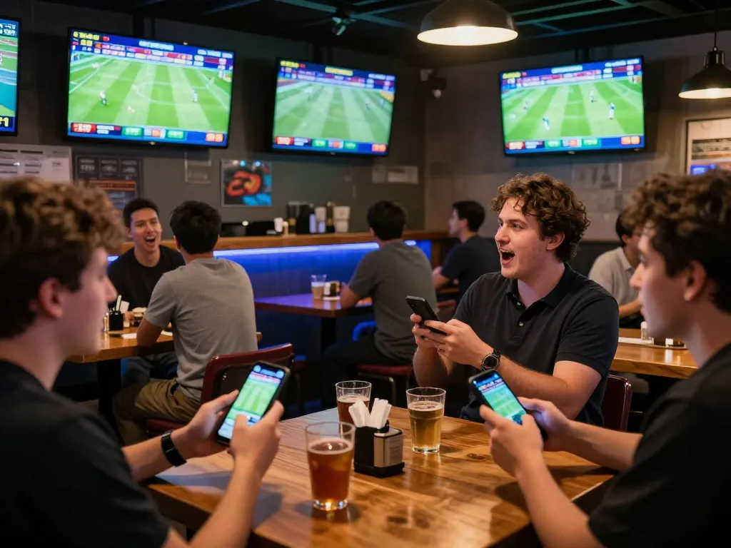 Watch patrons placing bets on 7meter bola at a lively sports bar during exciting football matches