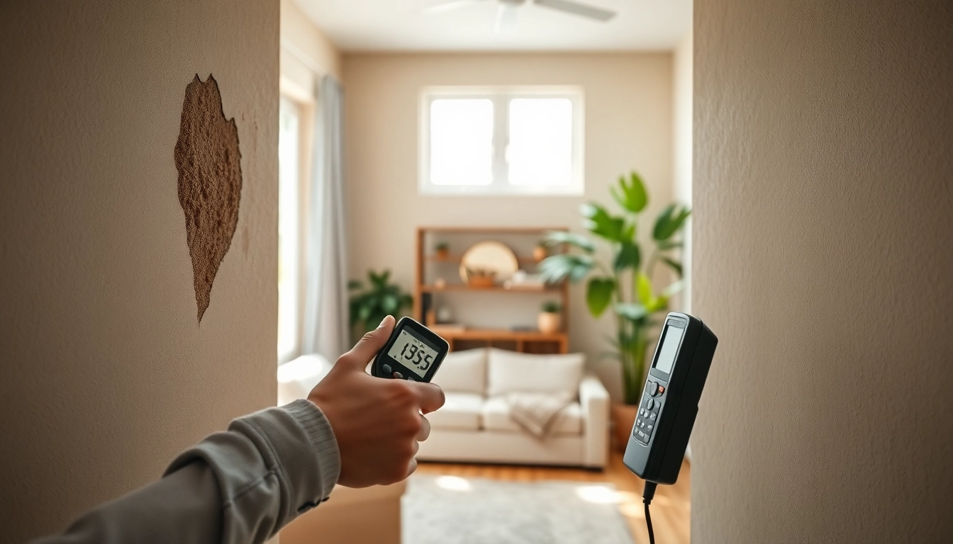 Inspecting dampness from spray foam causing damp in a home with technician and moisture meter.