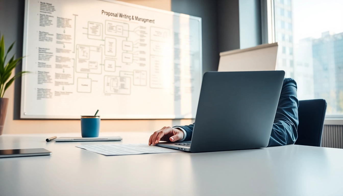 Engaging visual of Proposal Writing and Management in action at a professional workspace.