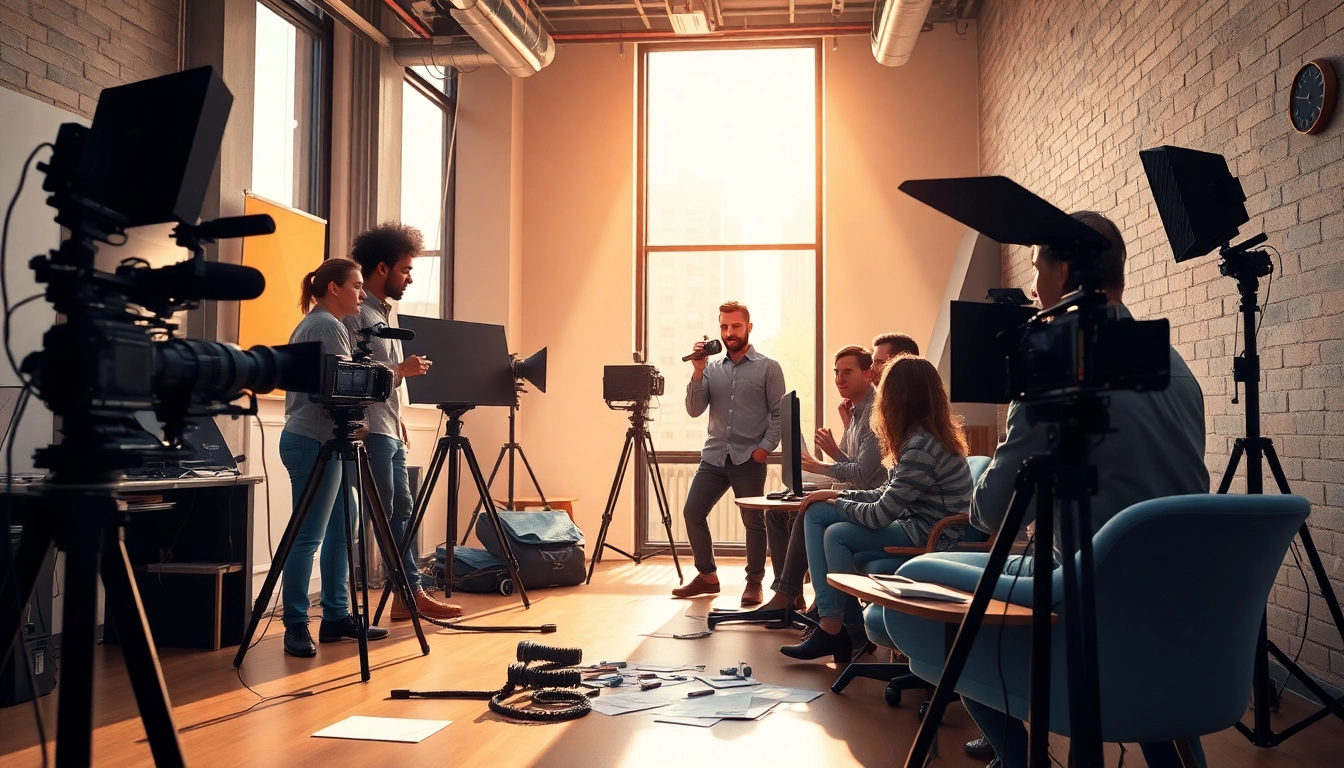 Team of edmonton production companies collaborating in a modern studio, showcasing creativity and technology.