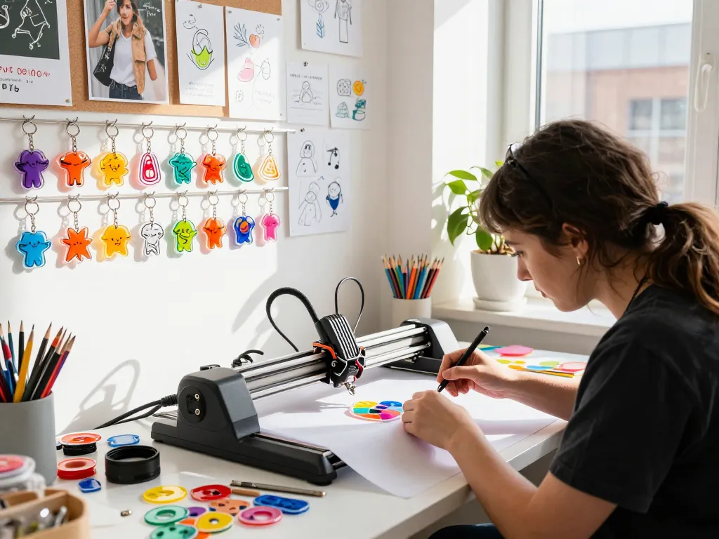 Creating custom acrylic keychain designs in a vibrant workspace filled with colorful materials and tools.