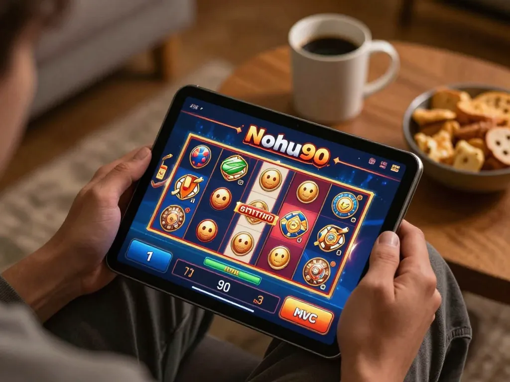 Nohu90 player enjoying a vibrant slot game on a tablet at home.