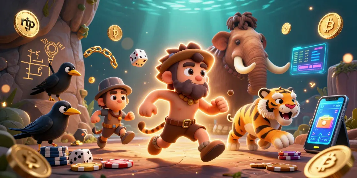 Experience rtp with a dynamic 3D casino scene featuring prehistoric characters and vibrant cryptocurrency elements.