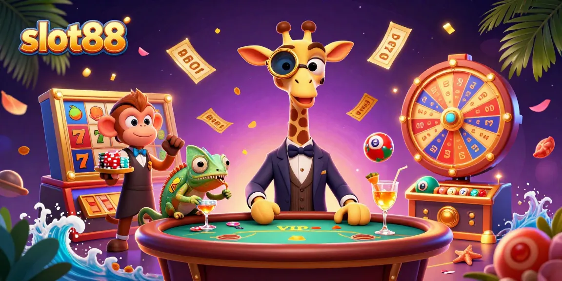 Mengguncang slot88 dengan giraffe pemula papan, monkey valet berkat chip, dan chameleon bartender.