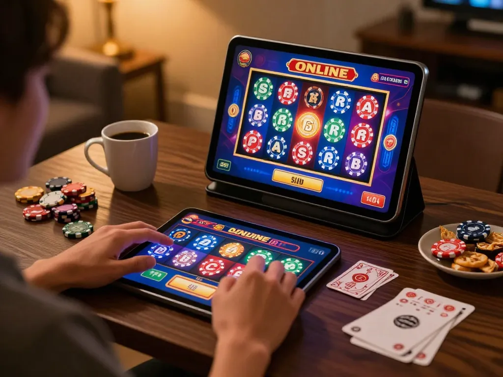 Play casino online senza registrazione on a tablet in a comfortable home setting with vibrant slot graphics.