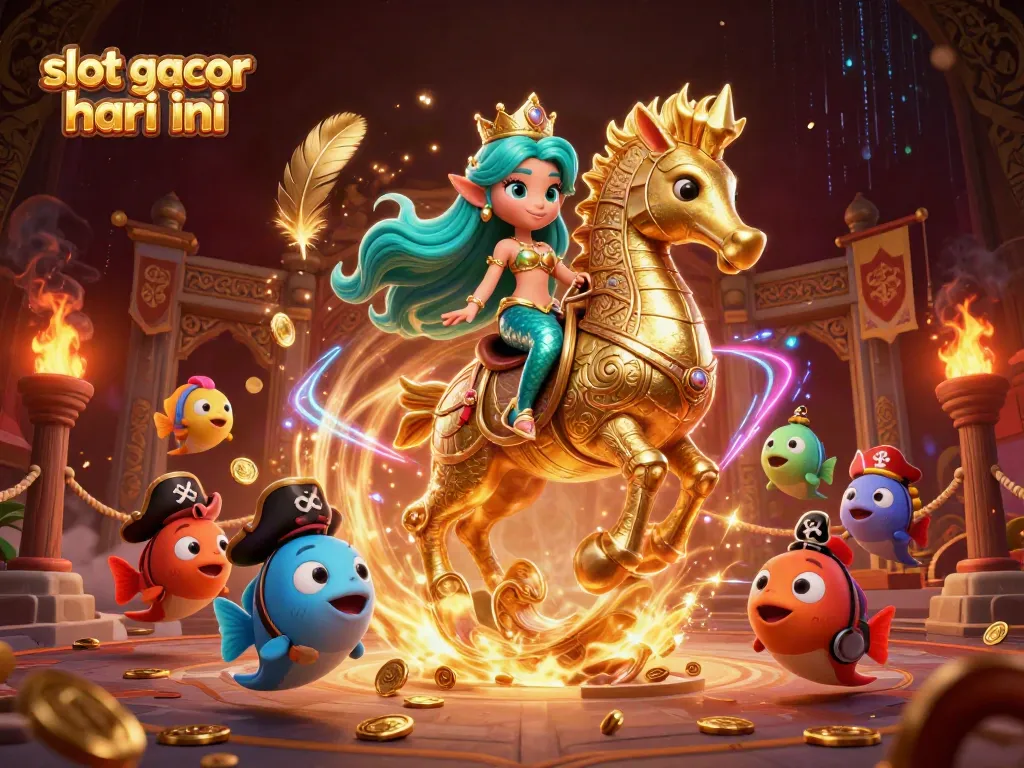 Permainan slot gacor hari ini dengan ratu duyung dan teman-teman berwarna-warni di arena taruhan.