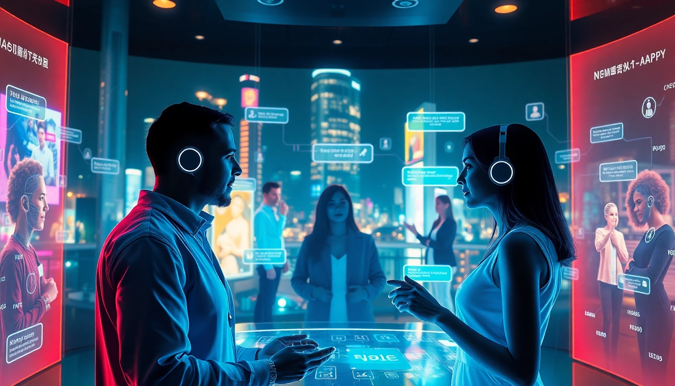 Futuristic digital interface showcasing AI sex interactions with engaging holographic characters.